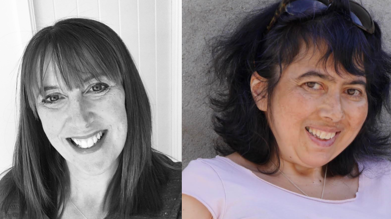 A black and white image of Ally Castle, a female with dark straight hair and a smile. Another image of Tanya Motie, a female with dark, wavy hair who is wearing a light pink t-shirt 