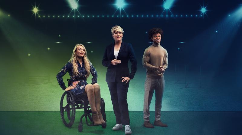 Crufts presenters Sophie Morgan, Clare Balding and Radzi Chinyanganya stand side by side against a green background