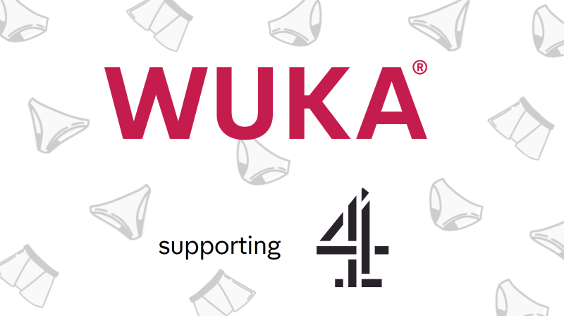 Text reads WUKA supporting 4 with WUKA and Channel 4's logos. The background is white with grey pictures of underwear