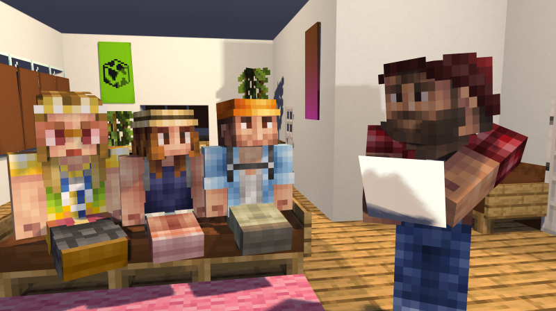 Minecraft characters giving scores in the Come Mine With Me game