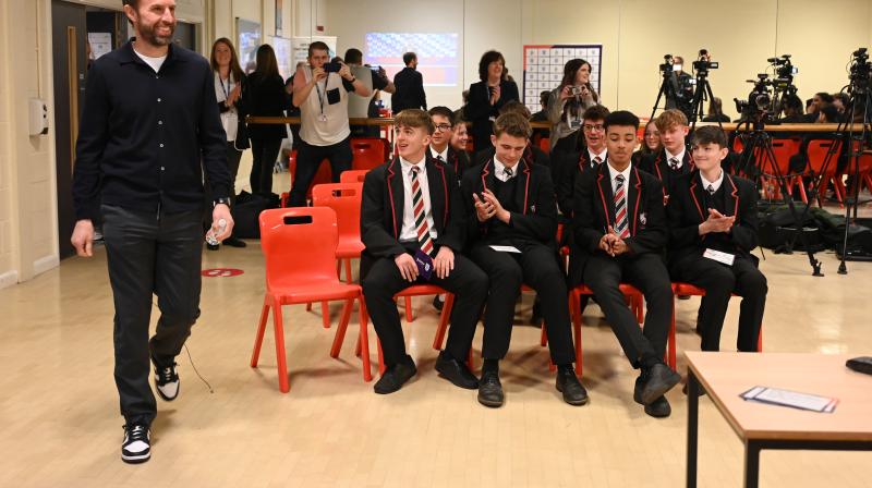 Gareth Southgate enters mock press conference with Leeds school students
