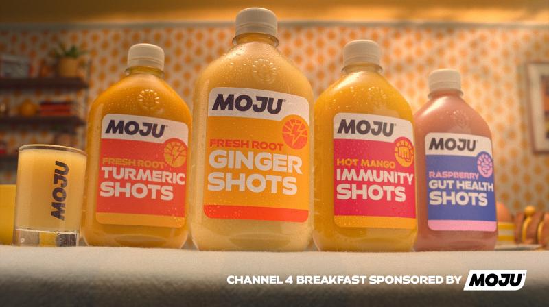 MOJU drinks in fridge lined up which says 'Channel 4 breakfast sponsored by MOJU'
