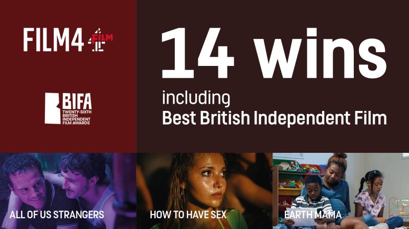 Film4 and British Independent Film Awards logos plus images from three films - All Of Us Strangers; How To Have Sex; Earth Mama