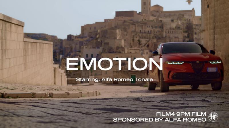 Alfa Romeo Film4 sponsor ad with car in city. Text reads 'Emotion'.