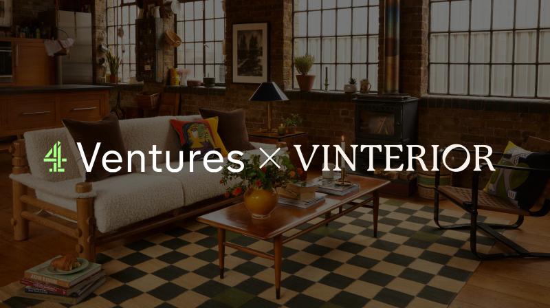 Graphic featuring logos of Channel 4 Ventures and Vinterior in front of furniture.