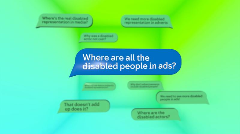 Still image from Channel 4's new ad with Bupa for the 2024 Paralympics, featuring a text message which asks "Where are all the disabled people in ads?"