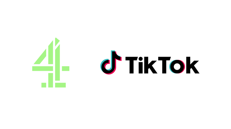 It shows Channel 4's green logo on the left and TikTok's black logo on the right
