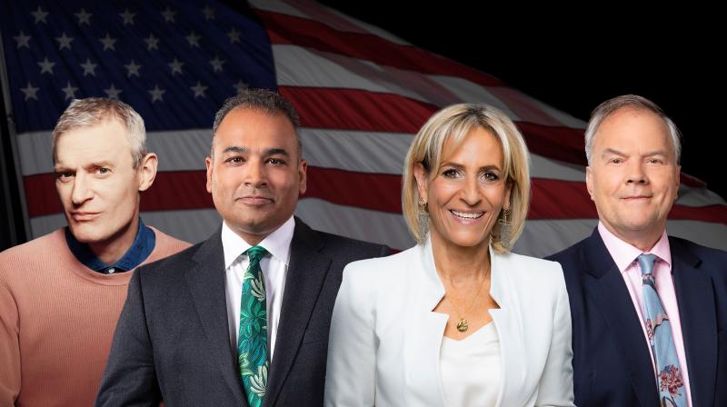 Image featuring Jeremy Vine, Krishnan Guru-Murthy, Emily Maitlis and Matt Frei in front of US flag