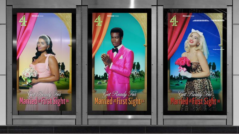 Posters shot by Miles Aldridge with models posing in unconventional wedding attire.