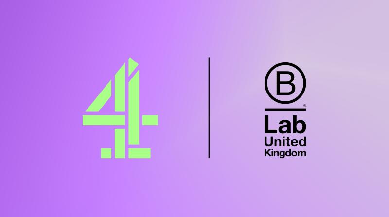 The Channel 4 and B Lab UK logos side by side, on a purple background. 