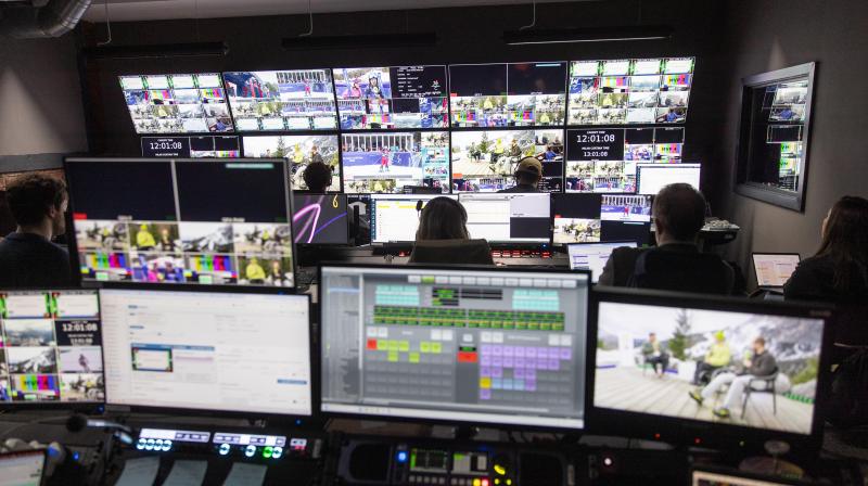 It shows a production hub with lots of screens all showing different Paralympic Winter Sports.