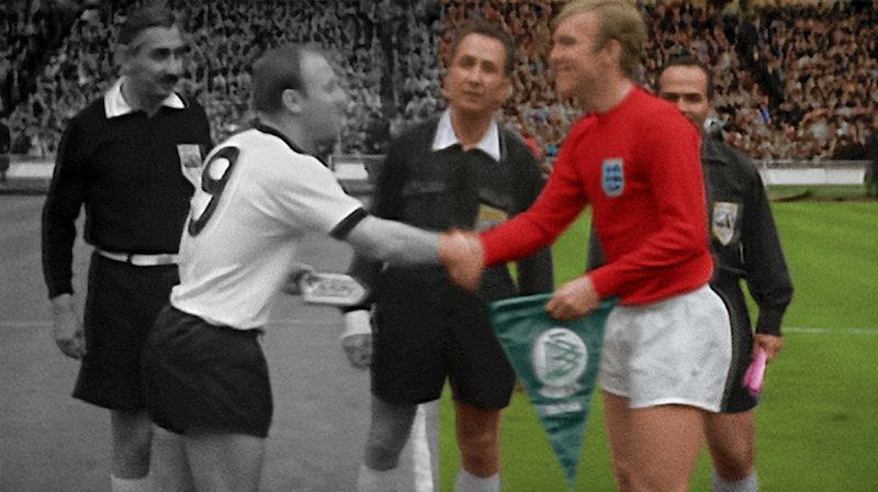It shows two an English footballer and a West German footballer shaking hands. The England player is in colour, whilst the West German team is in black and white. 