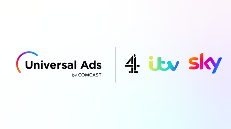 Image shows the logos in order of Universal Ads, Channel 4, ITV and Sky on a pastel ombre background