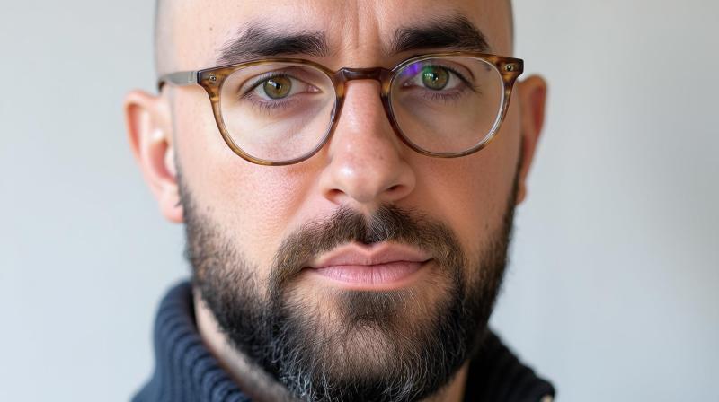 It shows a picture of a man in glasses looking at the camera. It is only his head and shoulders.