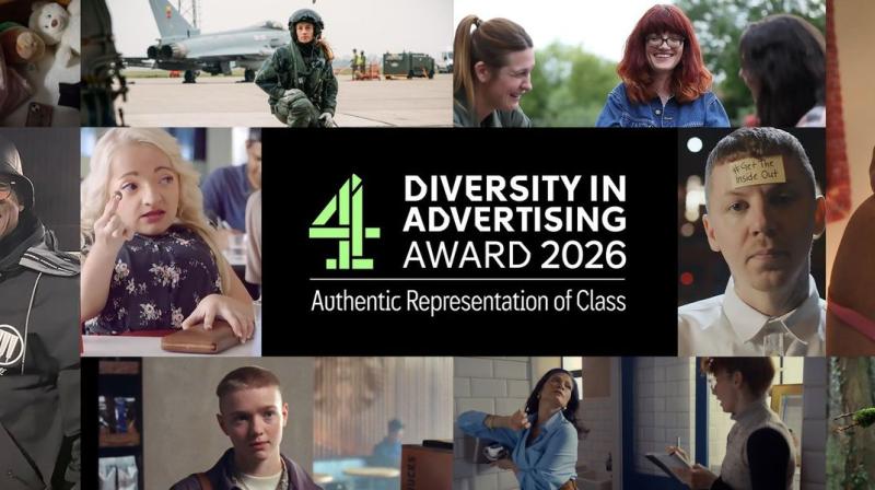 A promotional collage centered on the text, "Channel 4 Diversity in Advertising Award 2026 – Authentic Representation of Class." Around the logo are stills from various adverts featuring people from different backgrounds and life experiences, including a child sleeping, a military pilot, women in conversation, a football fan posing with a presenter, a woman with Down syndrome, an office worker with a sticky note on their forehead, a close-up of a woman touching her shoulder, a young person with a buzz cut, 