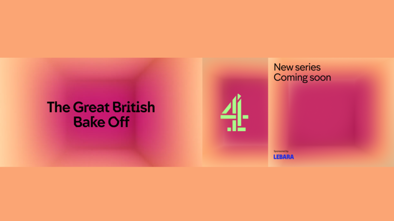 Promotional graphic for The Great British Bake Off featuring the show title on a pink and orange blurred background, the Channel 4 logo, and text reading “New series Coming soon.” The bottom right says “Sponsored by Lebara.”