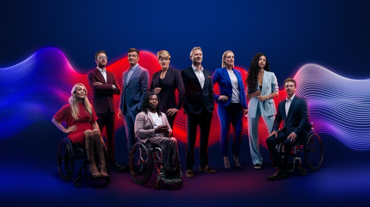 L-R - Sophie Morgan, JJ Chalmers, Ed Jackson, Ade Adepitan, Clare Balding, Adam Hills, Steph McGovern, Vick Hope And Arthur Williams