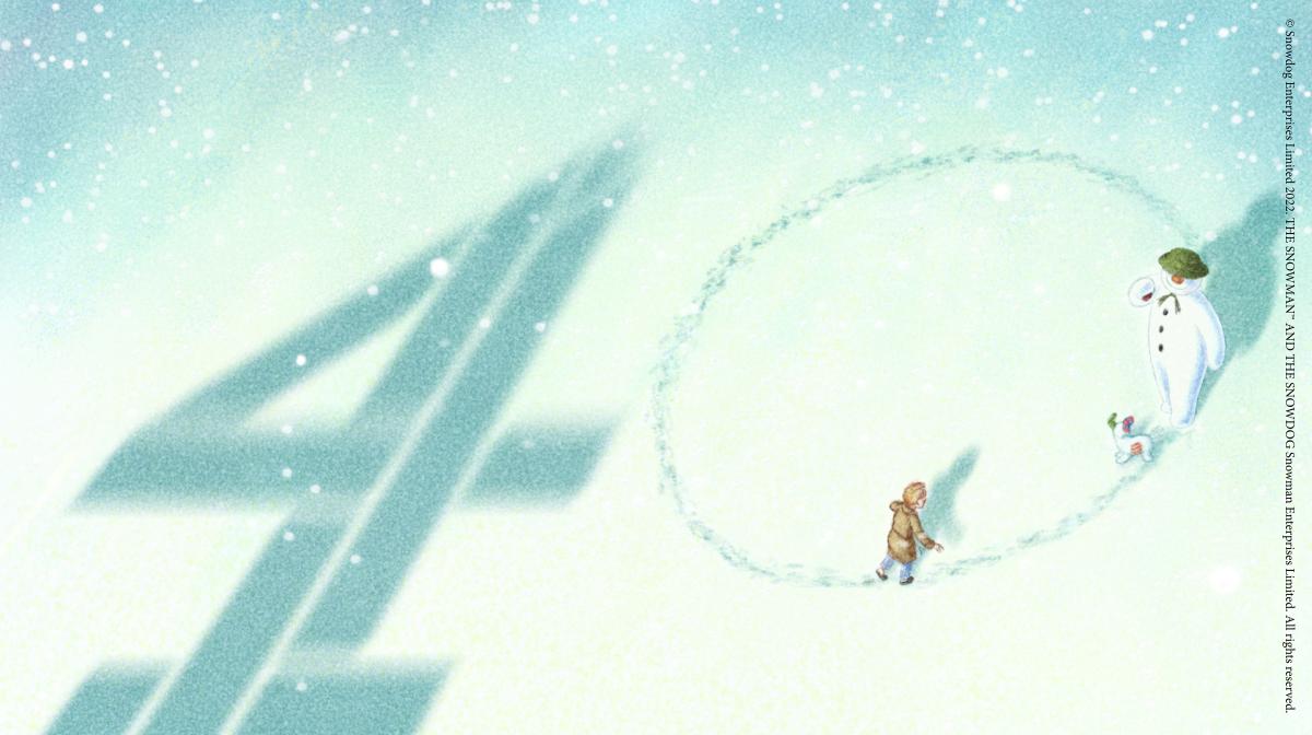A still image from the Channel 4 ident, showing the Channel 4 logo in a wintry setting where it oversees The Snowman, The Snowdog and James, the boy from the first The Snowman film, playing in the snow. 