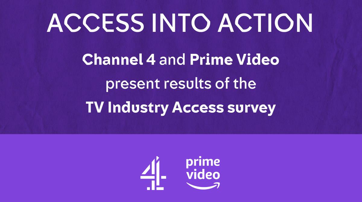 A purple background with logos for Channel 4 and Prime Video, and white text that reads: 'Access Into Action, Channel 4 and Prime Video present the results of the TV Industry Access Survey, Wednesday 15 March 1pm.'