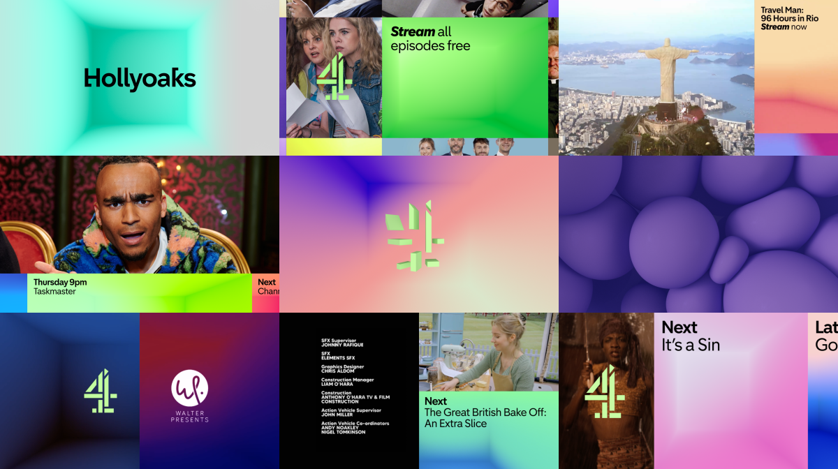 A montage of images of Channel 4's new rebranded OSP, including transitions and stills from shows.