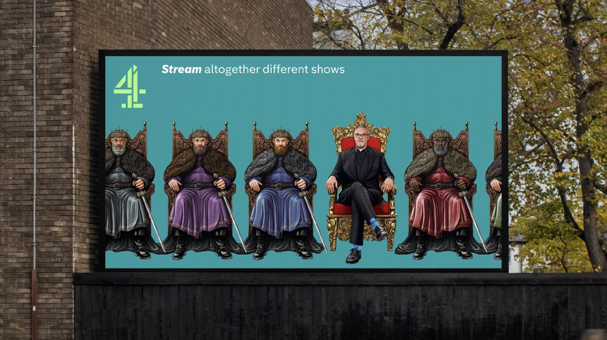 An image of a billboard with Greg Davies sat in a throne as a king in a line of images of stereotypical kings.