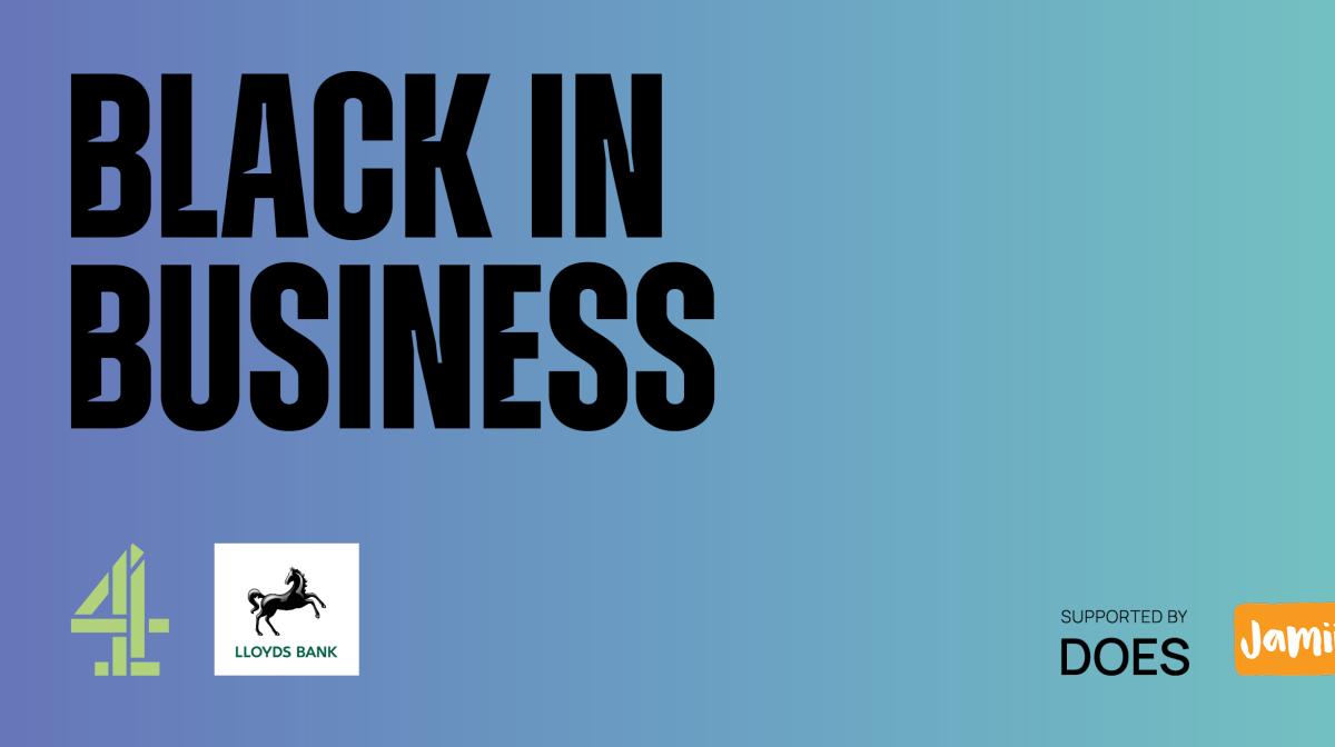 Image of the Black In Business logo with the world Black In Business on a blue background