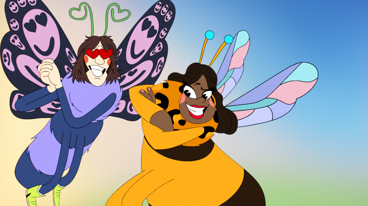 It shows an animated Noel Fielding as an butterfly with love hearts in his eyes and then Alison Hammond as an animated Queen Bee 