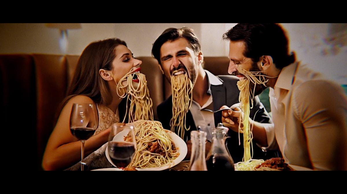 AI-generated image of three romantic partners throwing up spaghetti to promote Open House: The Great Sex Experiment