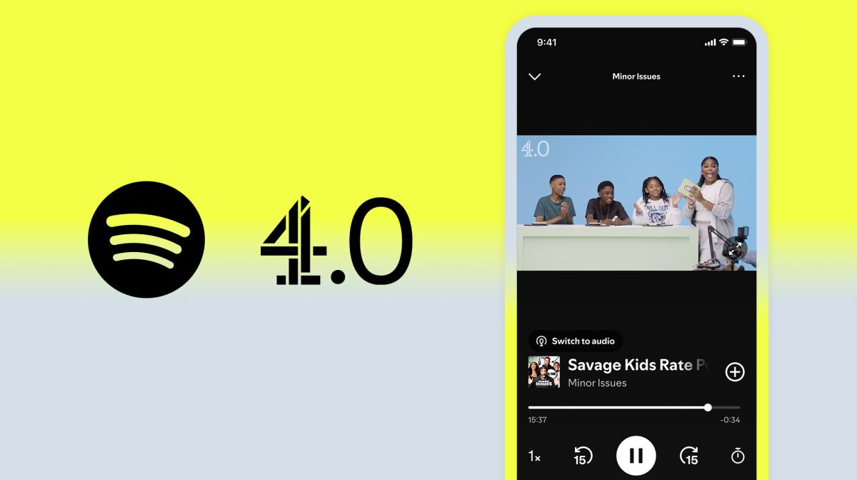 A screenshot of 4.0 content on Spotify alongside the logo. 