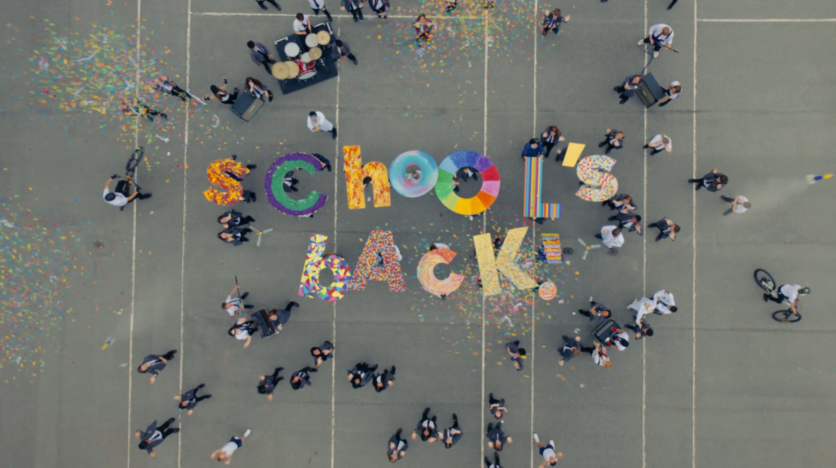 A still of the Educating Yorkshire trailer, with children displaying the slogan 'School's Back' in cardboard letters from above 