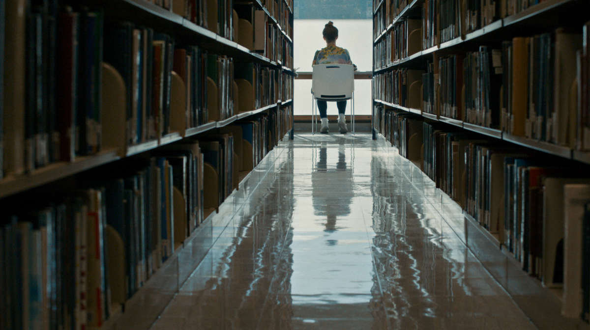 It shows a student sitting in a library far away from the camera and you purposely can't see their identity.