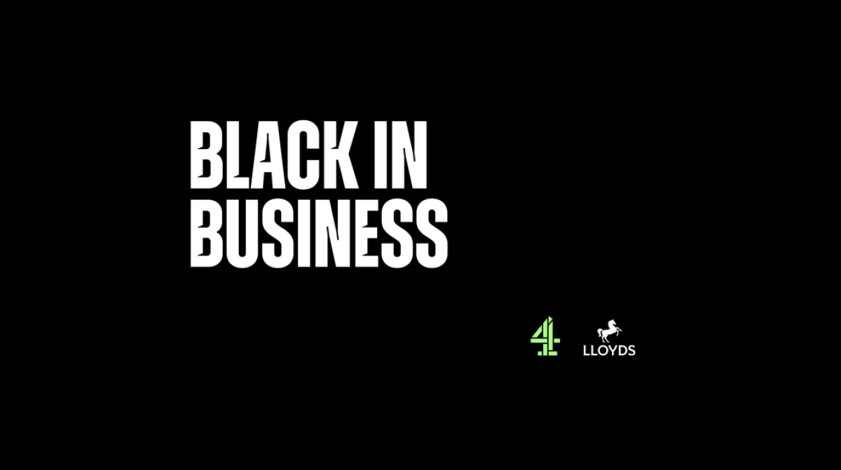 Black background with white block text 'Black in Business' and white Lloyds horse logo and green Channel 4 Logo in bottom right hand corner.