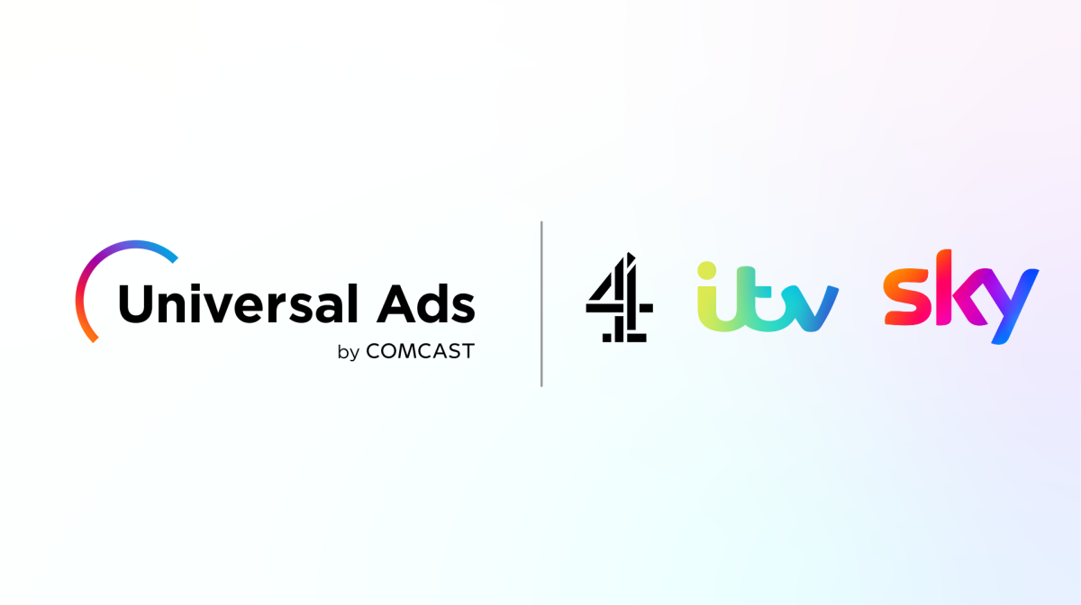 Image shows the logos in order of Universal Ads, Channel 4, ITV and Sky on a pastel ombre background