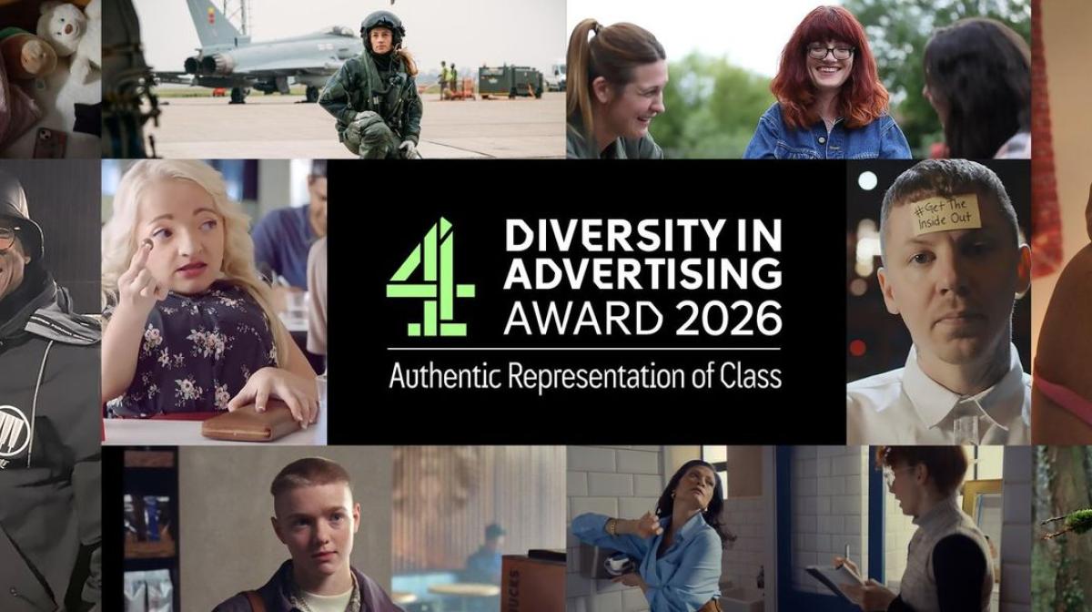 A promotional collage centered on the text, "Channel 4 Diversity in Advertising Award 2026 – Authentic Representation of Class." Around the logo are stills from various adverts featuring people from different backgrounds and life experiences, including a child sleeping, a military pilot, women in conversation, a football fan posing with a presenter, a woman with Down syndrome, an office worker with a sticky note on their forehead, a close-up of a woman touching her shoulder, a young person with a buzz cut, 