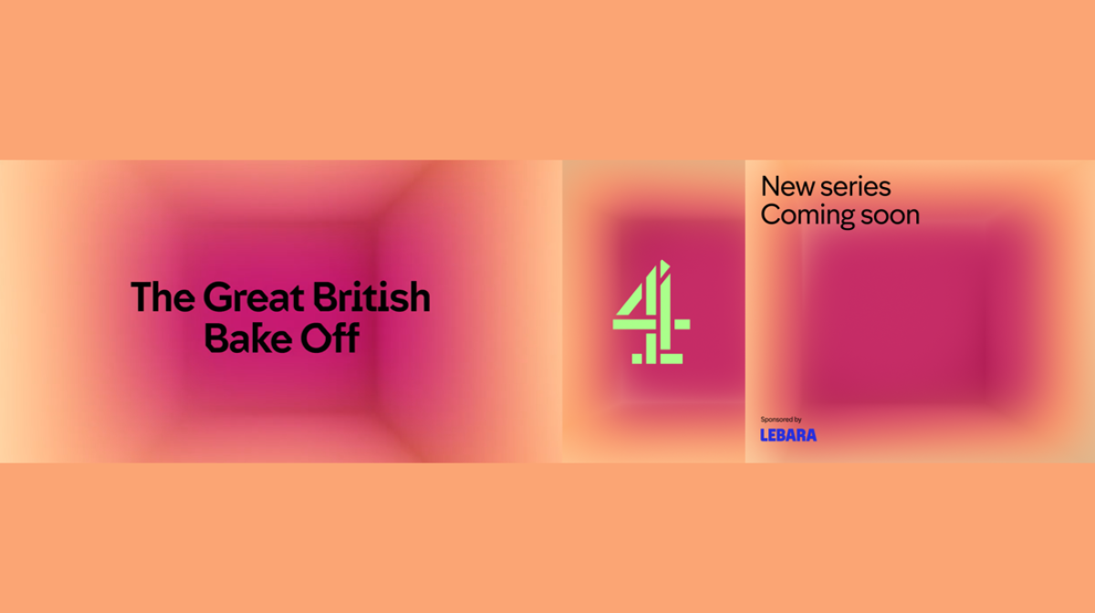 Promotional graphic for The Great British Bake Off featuring the show title on a pink and orange blurred background, the Channel 4 logo, and text reading “New series Coming soon.” The bottom right says “Sponsored by Lebara.”